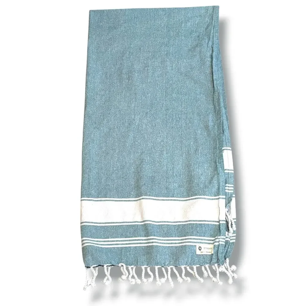 9 Threads‎ Turkish Cotton Beach Towel Aqua White Tassel Fringe Peshtemal Summer